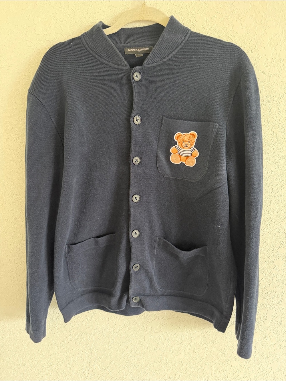 Banana Republic Navy Cardigan with Orange Bear Patch